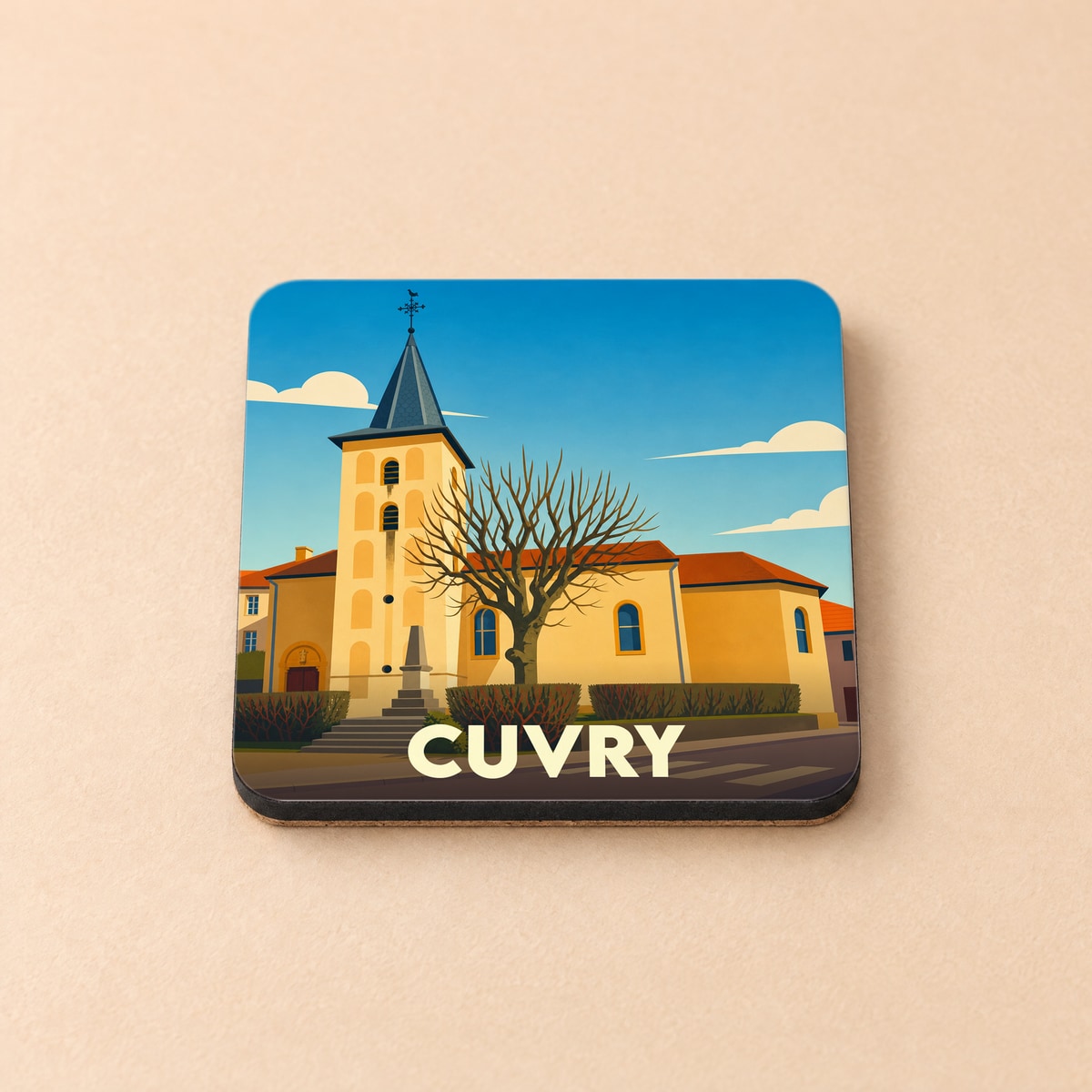 Dessous de verre souvenir de la ville de Cuvry avec une illustration stylisée de son église.