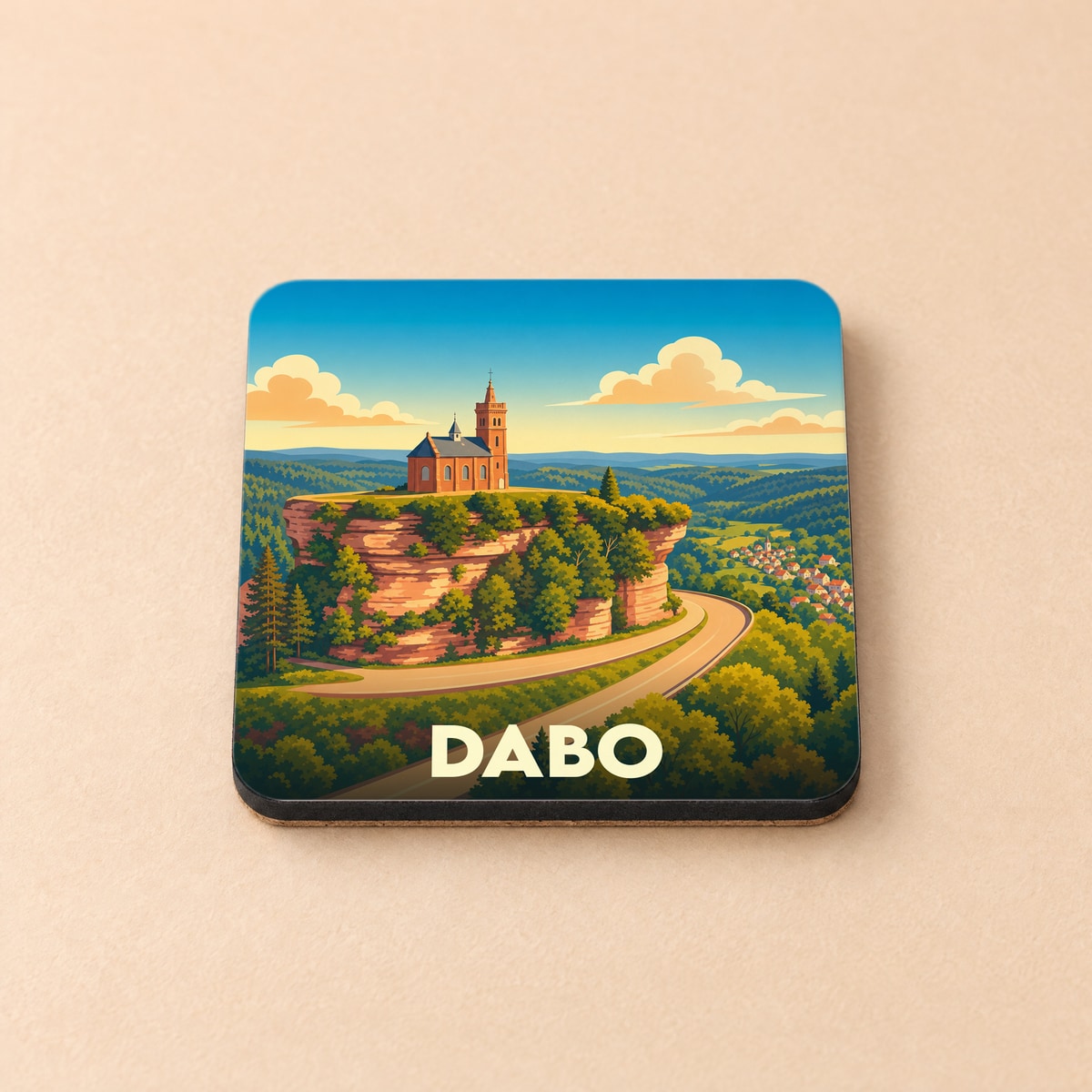 Dessous de verre souvenir de la ville de Dabo illustré d'une église sur un rocher.