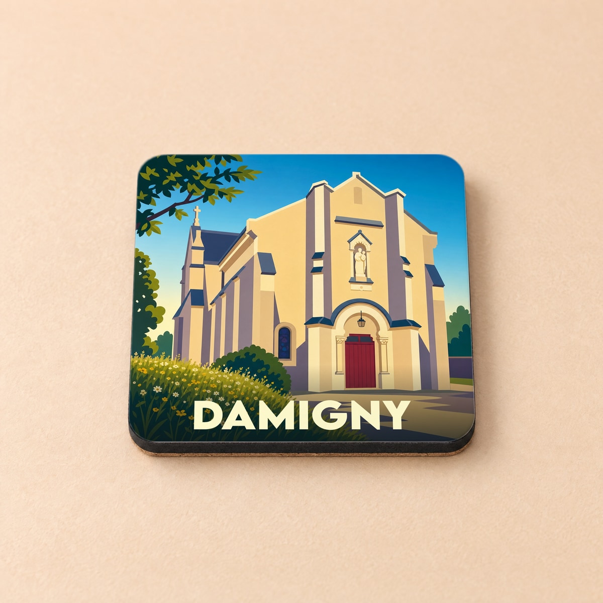 Dessous de verre souvenir de la ville de Damigny avec une illustration stylisée de son église.