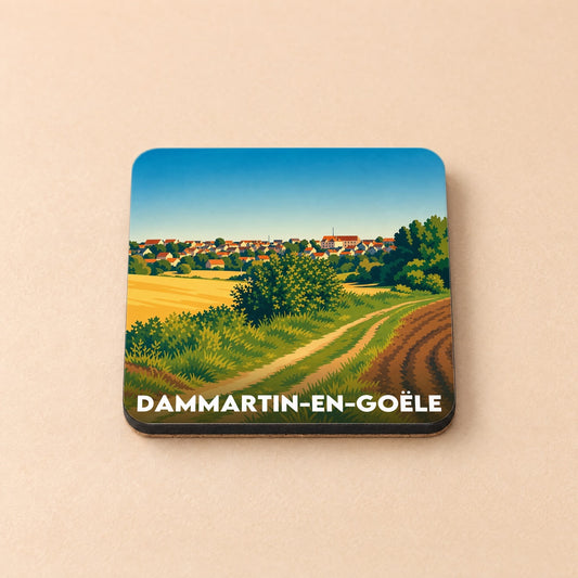 Dessous de verre souvenir de la ville de Dammartin-en-Goële avec une illustration bucolique stylisée.
