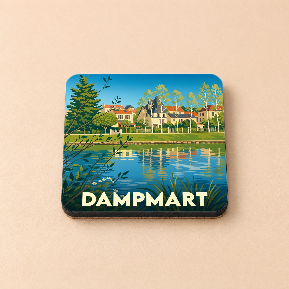 Dessous de verre souvenir de la ville de Dampmart avec une illustration stylisée des bords de Marne.
