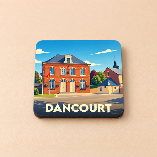 Dessous de verre souvenir de la ville de Dancourt avec une illustration stylisée de sa mairie.