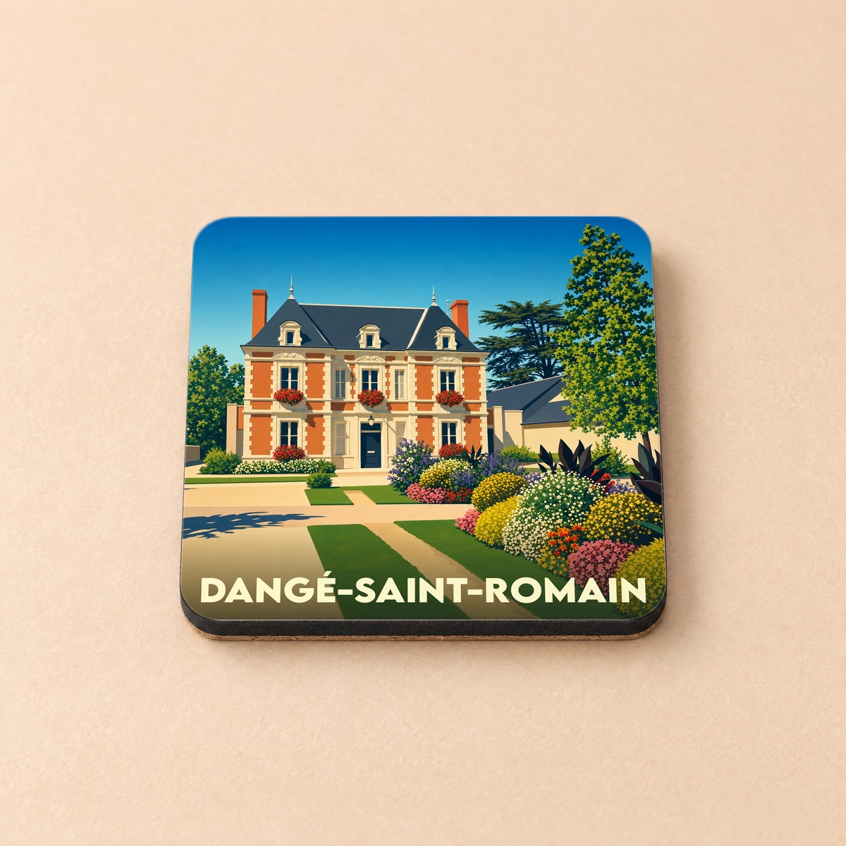 Dessous de verre souvenir de la ville de Dangé-Saint-Romain avec une illustration stylisée d'un manoir fleuri.