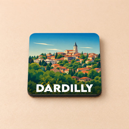 Dessous de verre souvenir de la ville de Dardilly avec une illustration stylisée d'un village perché.