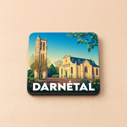 Dessous de verre souvenir de la ville de Darnétal avec une illustration stylisée.