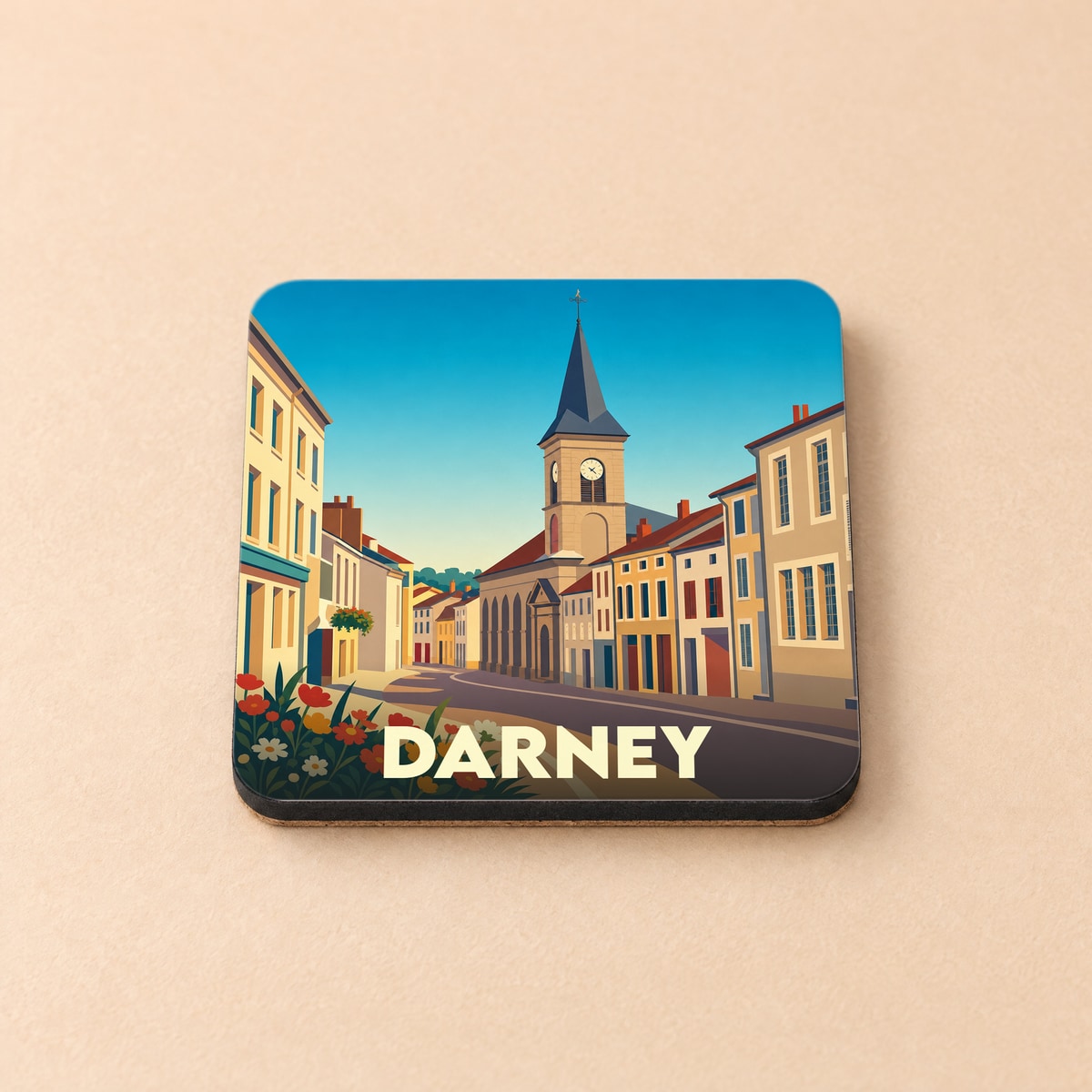 Dessous de verre souvenir de la ville de Darney avec une illustration stylisée.
