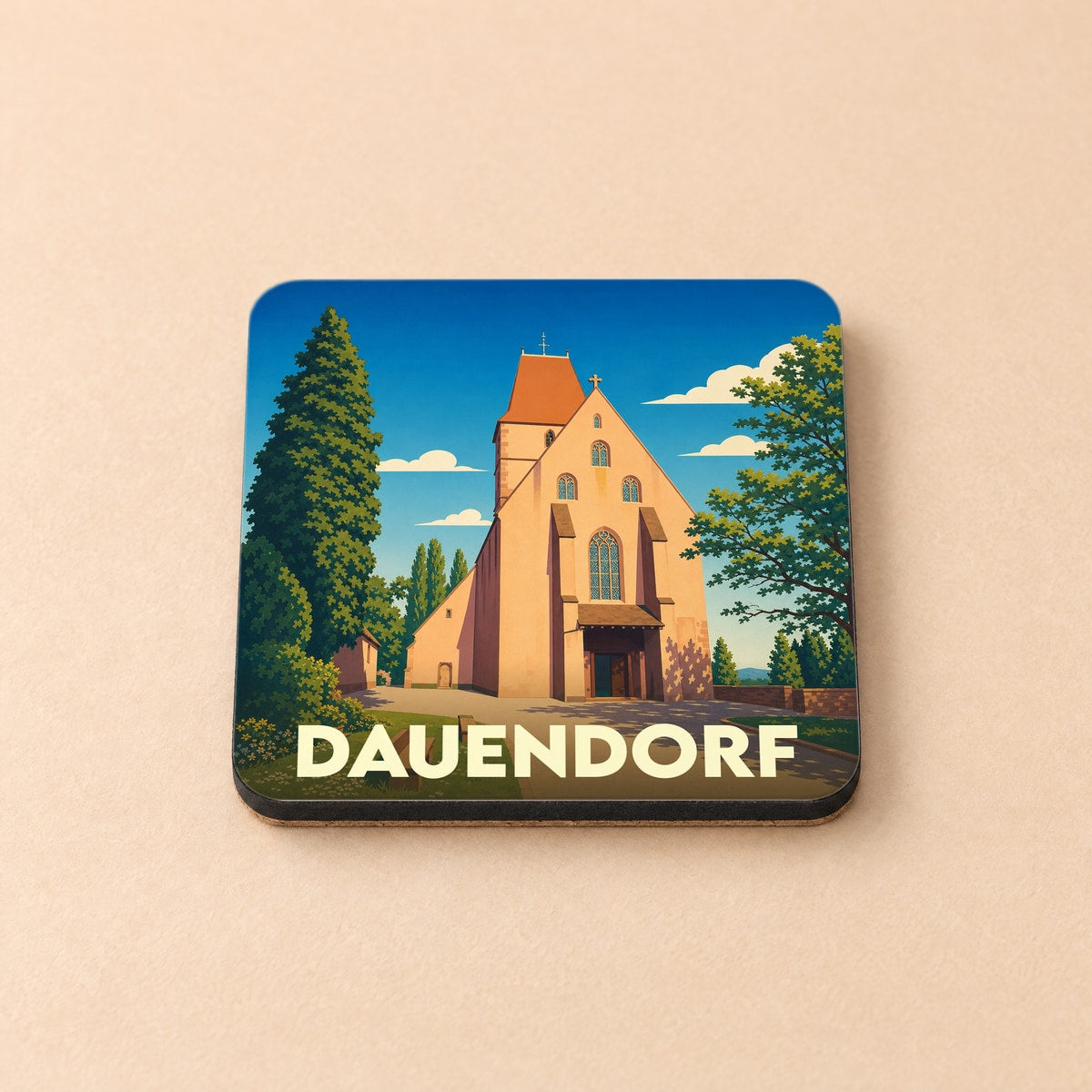 Dessous de verre souvenir de la ville de Dauendorf avec une illustration stylisée de son église.