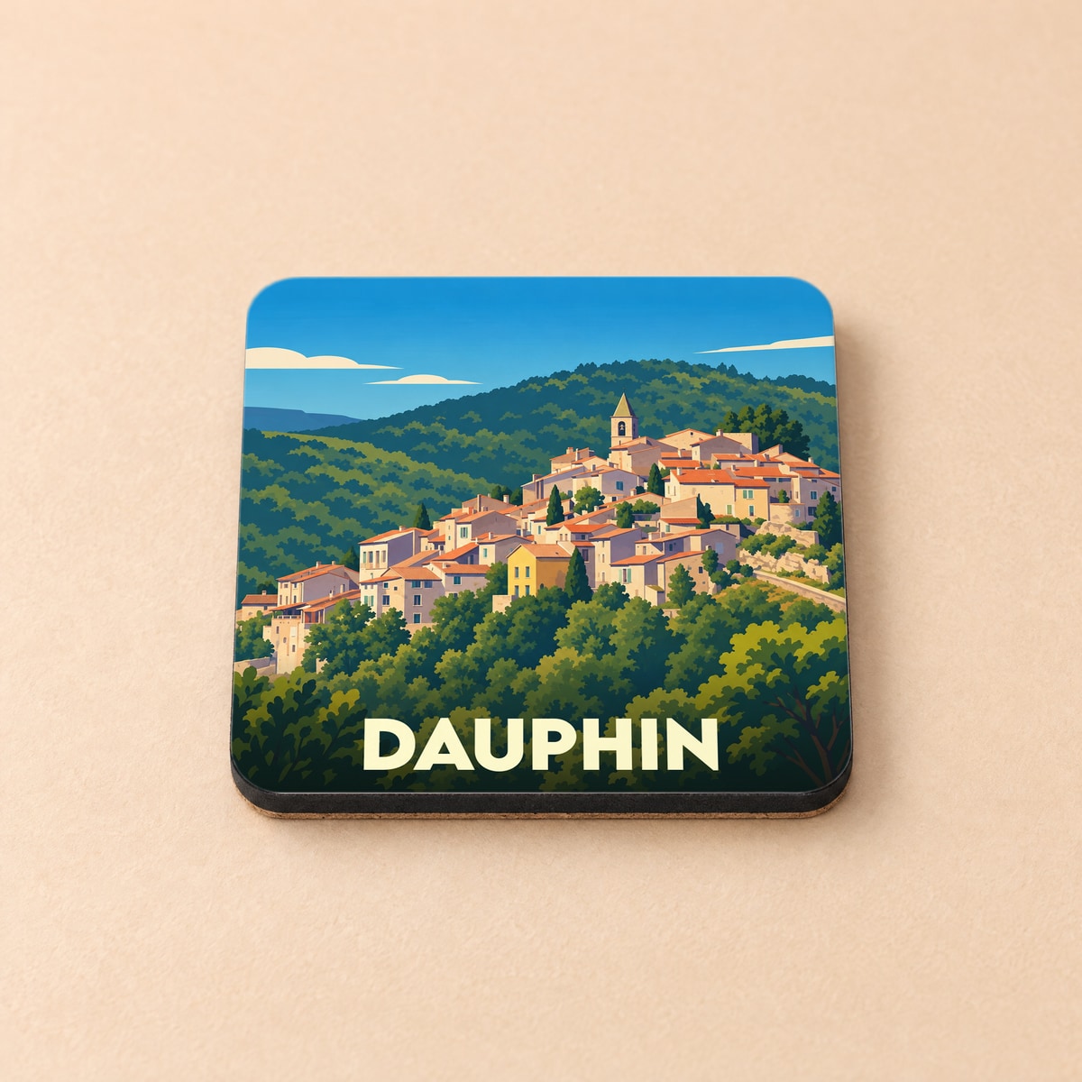 Dessous de verre souvenir de la ville de Dauphin avec une illustration stylisée d'un village perché.