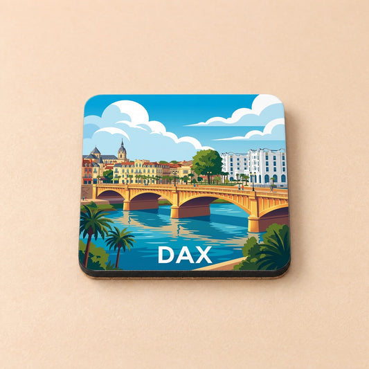 Dessous de verre souvenir de la ville de Dax arborant une illustration colorée de son pont et de son architecture.