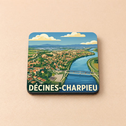 Dessous de verre souvenir de la ville de Décines-Charpieu avec une illustration stylisée.