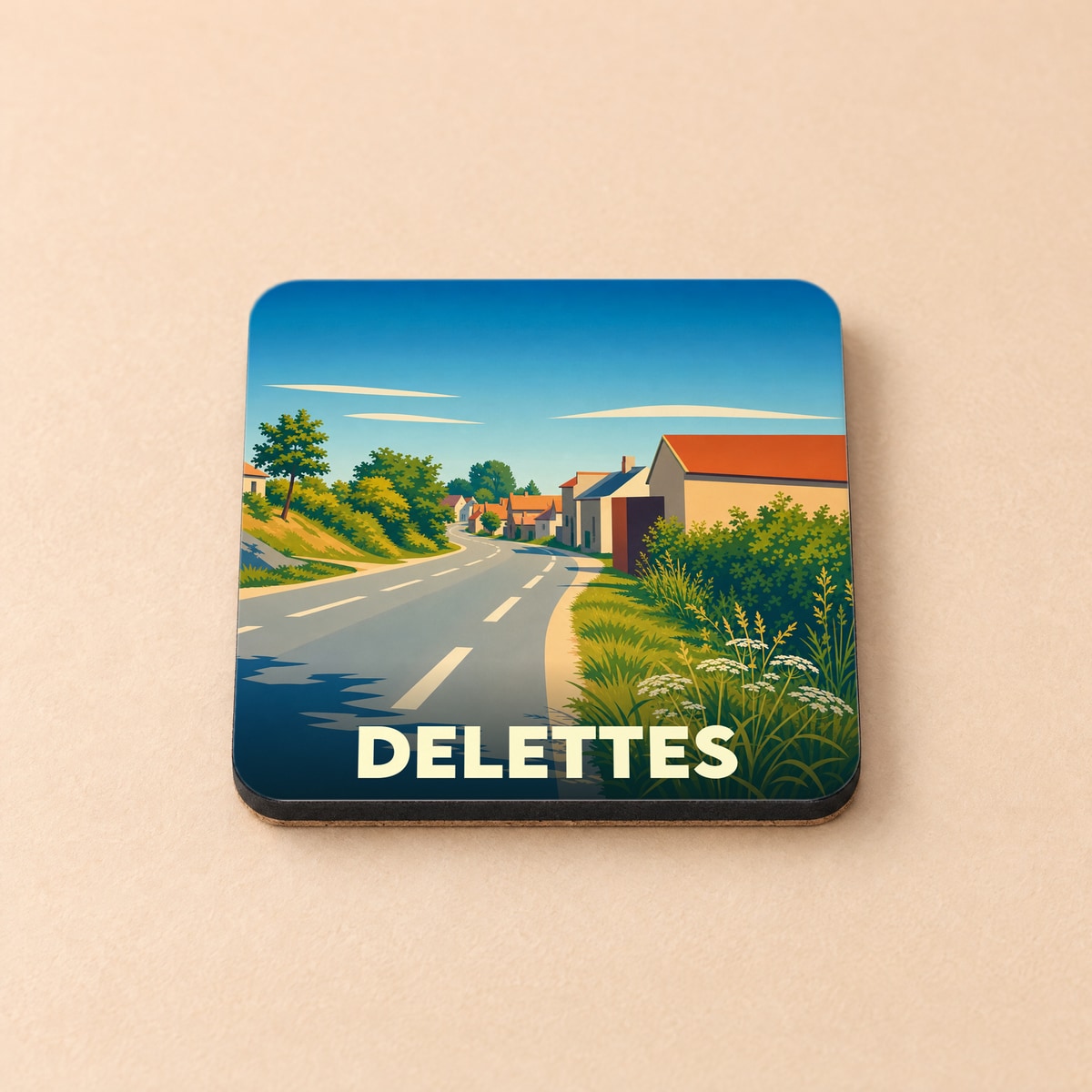 Dessous de verre souvenir de la ville de Delettes avec une illustration stylisée d'une route de campagne.