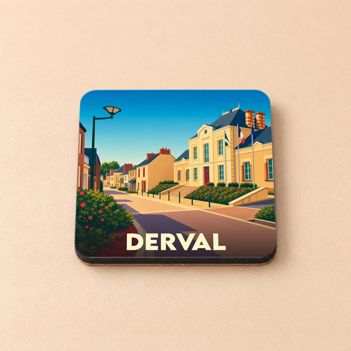 Dessous de verre souvenir de la ville de Derval avec une illustration stylisée.