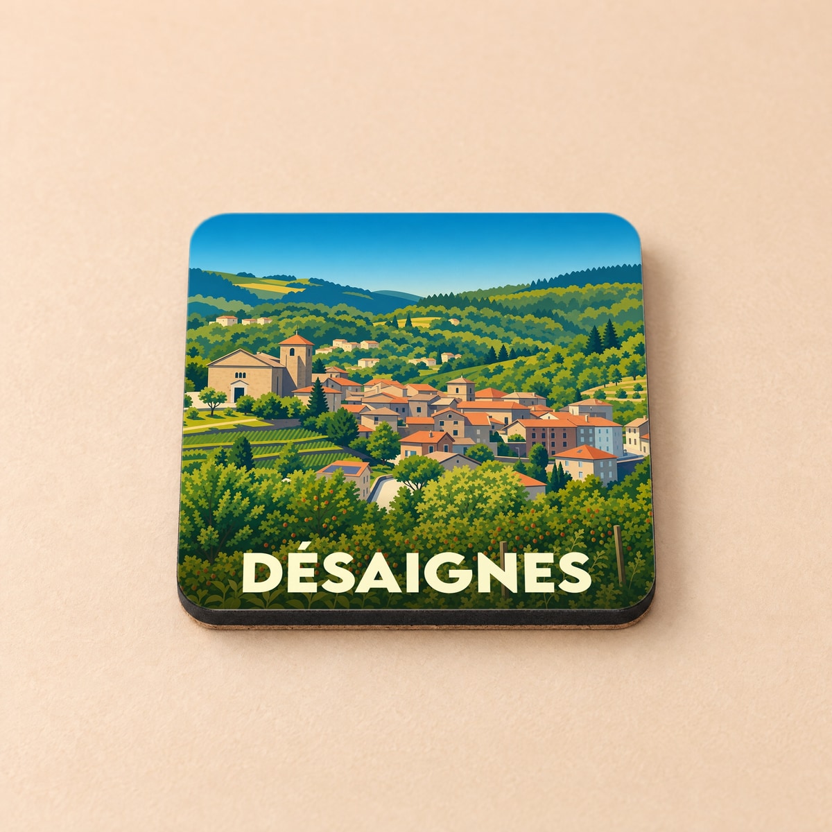 Dessous de verre souvenir de la ville de Désaignes avec une illustration stylisée de son village.