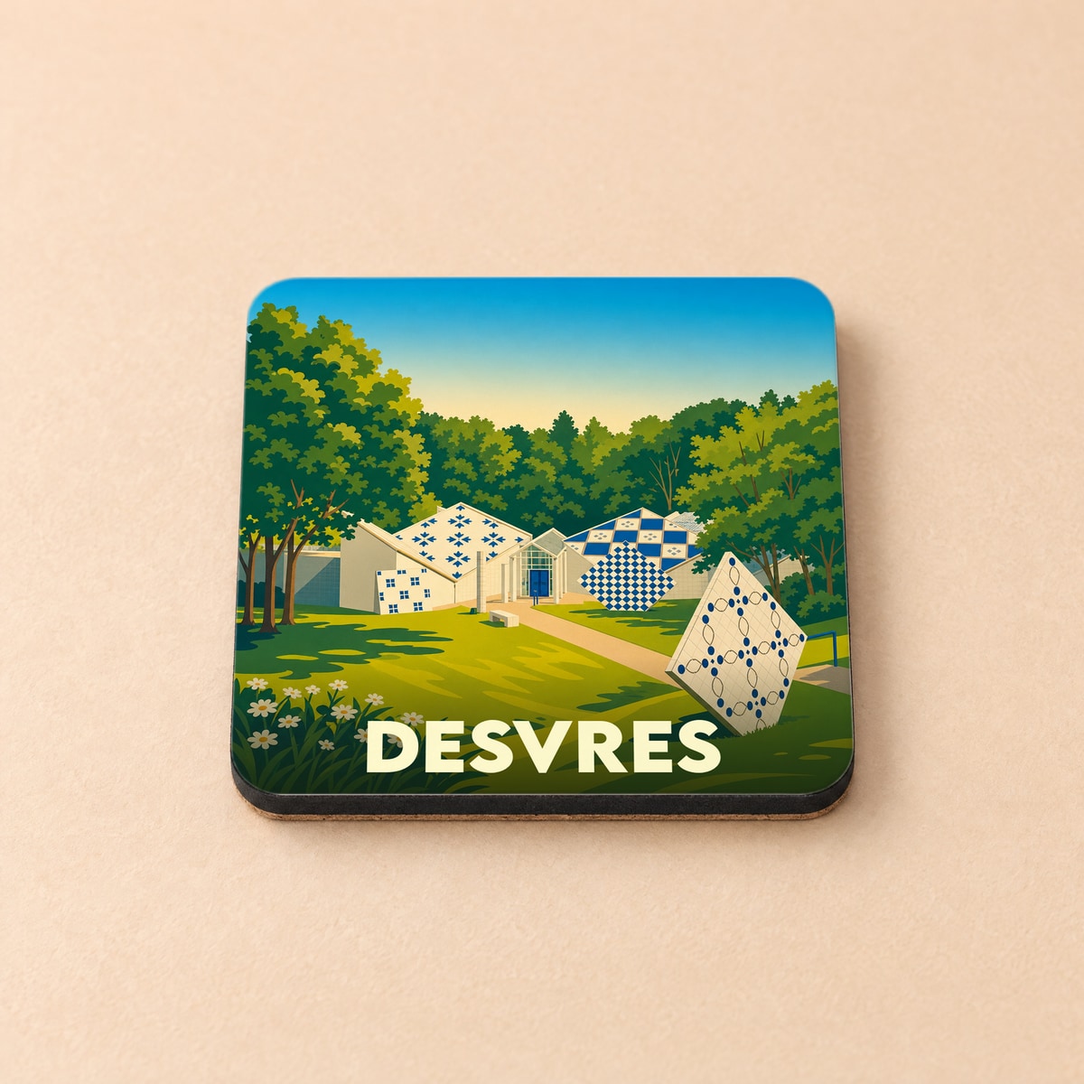 Dessous de verre souvenir de la ville de Desvres avec une illustration stylisée de son musée de la céramique.