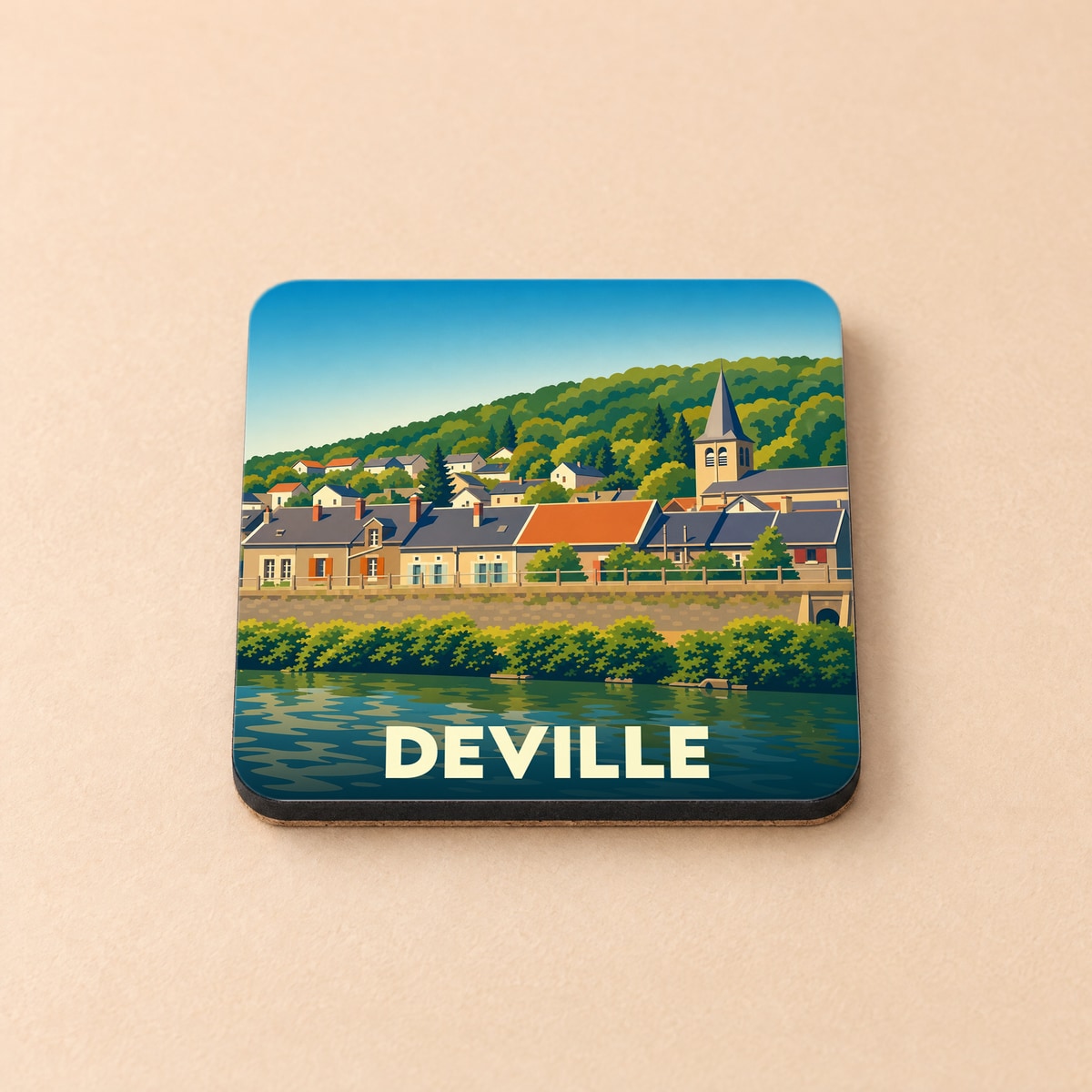 Dessous de verre souvenir de la ville de Deville avec une illustration stylisée d'un paysage fluvial.