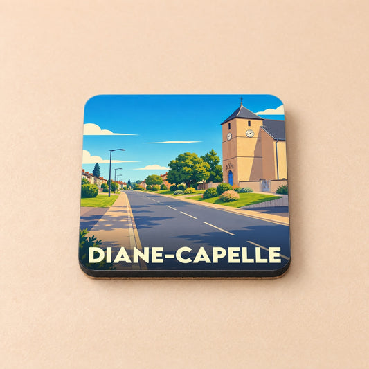 Dessous de verre souvenir de la ville de Diane-Capelle avec une illustration stylisée d'une rue et de son église.