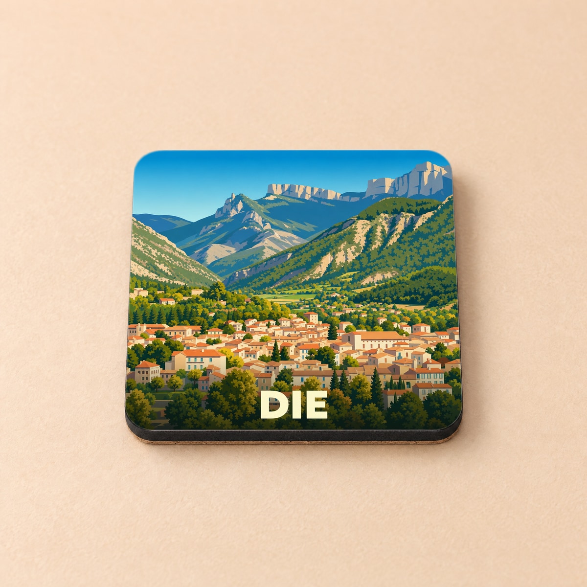 Dessous de verre souvenir de la ville de Die avec une illustration stylisée.