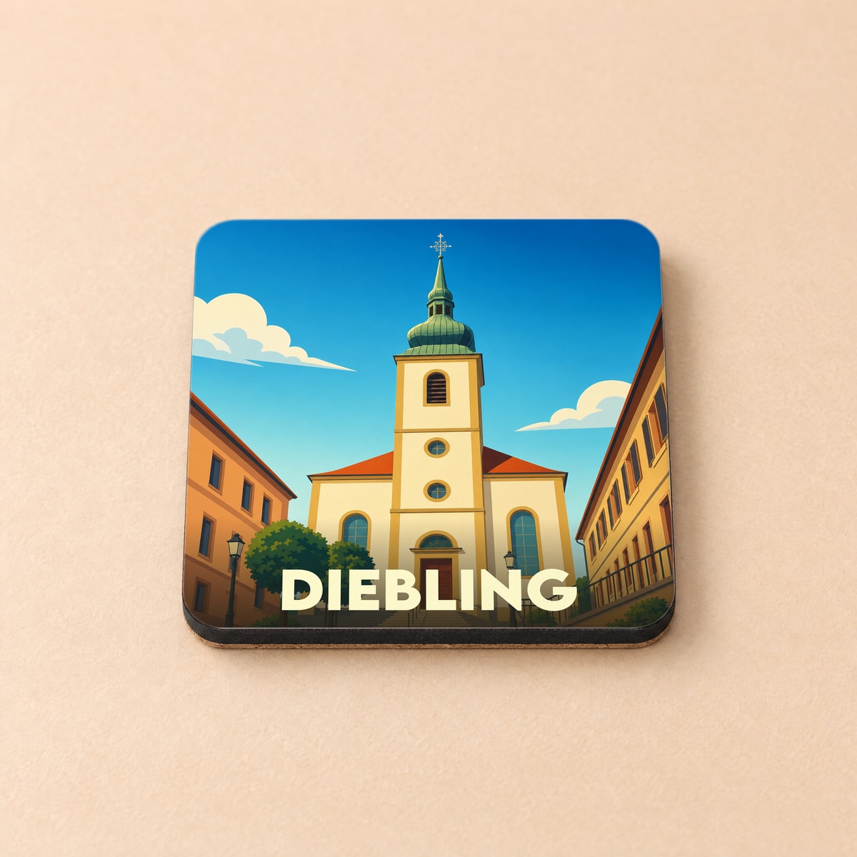Dessous de verre souvenir de la ville de Diebling avec une illustration stylisée de son église.