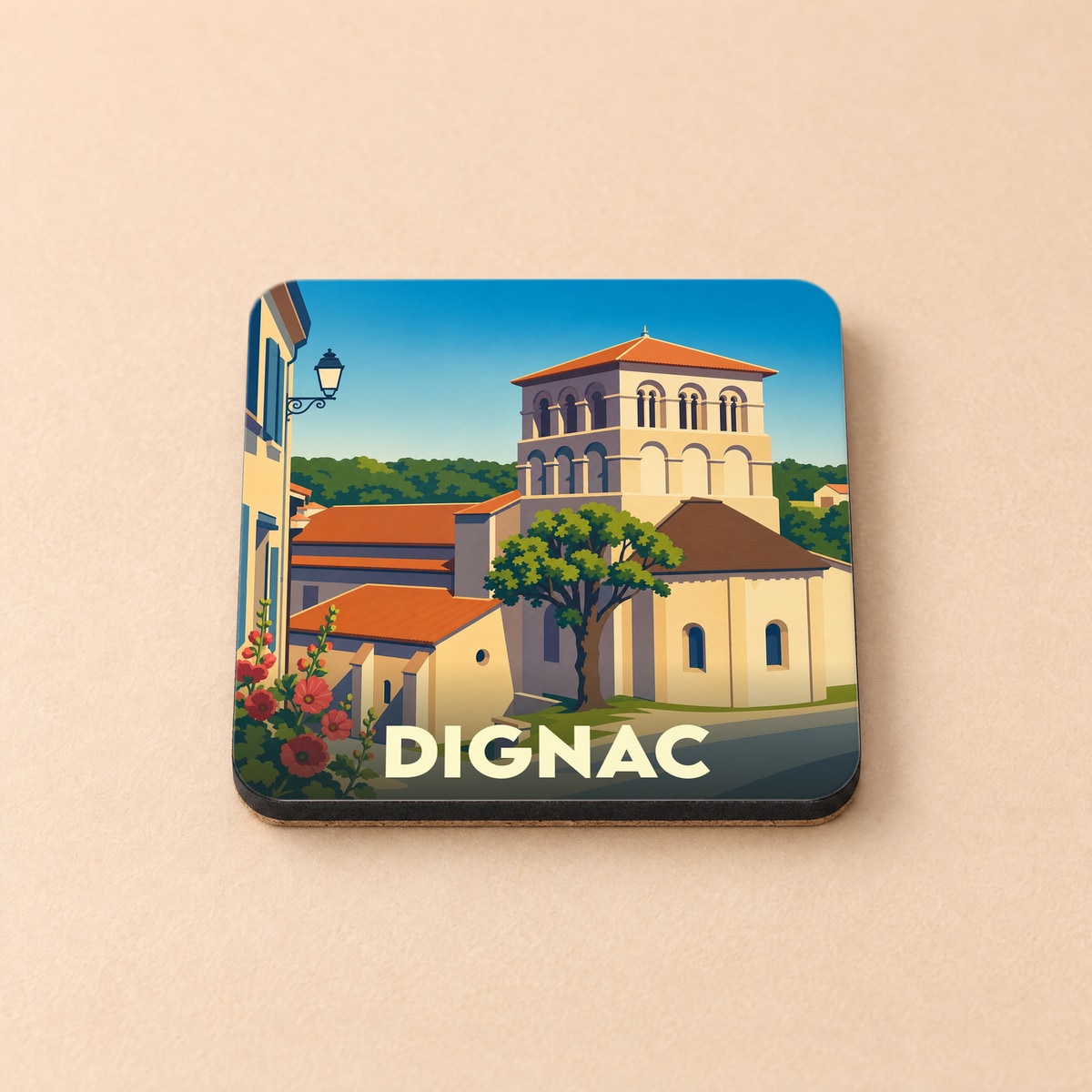 Dessous de verre souvenir de la ville de Dignac avec une illustration stylisée de son église romane.