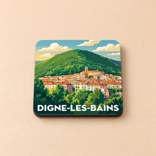 Dessous de verre souvenir de la ville de Digne-les-Bains avec une illustration stylisée.