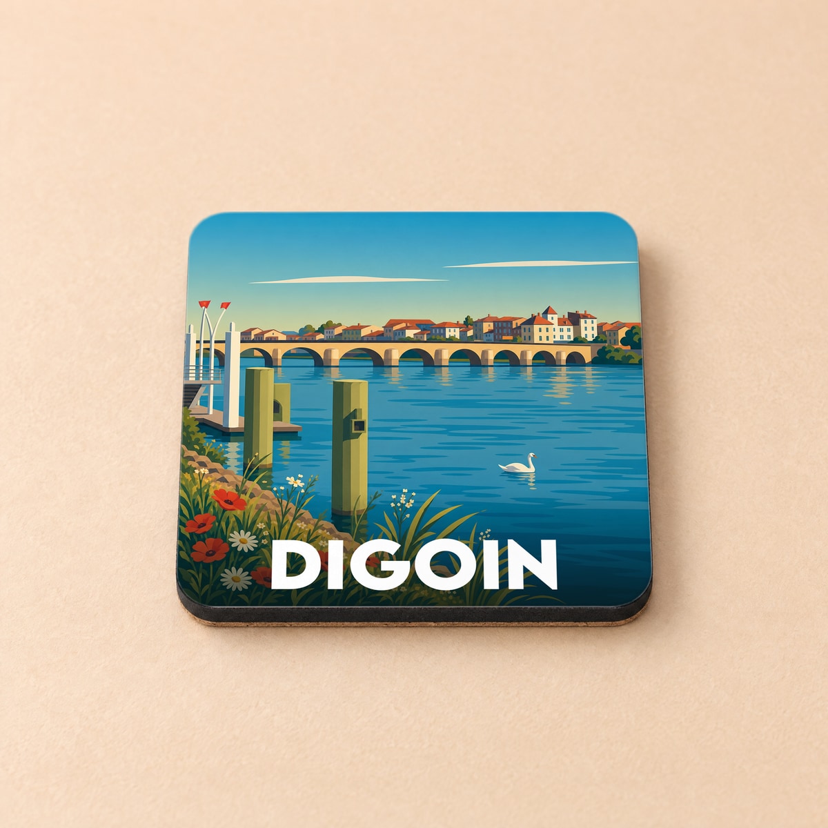 Dessous de verre souvenir de la ville de Digoin avec une illustration stylisée de son pont et de la Loire.