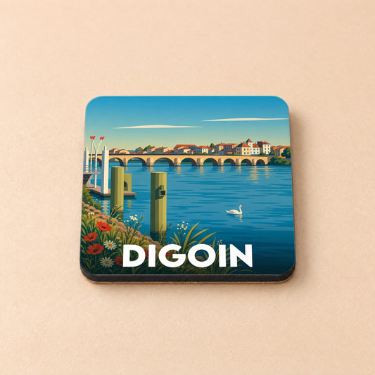 Dessous de verre souvenir de la ville de Digoin avec une illustration stylisée de son pont et de la Loire.