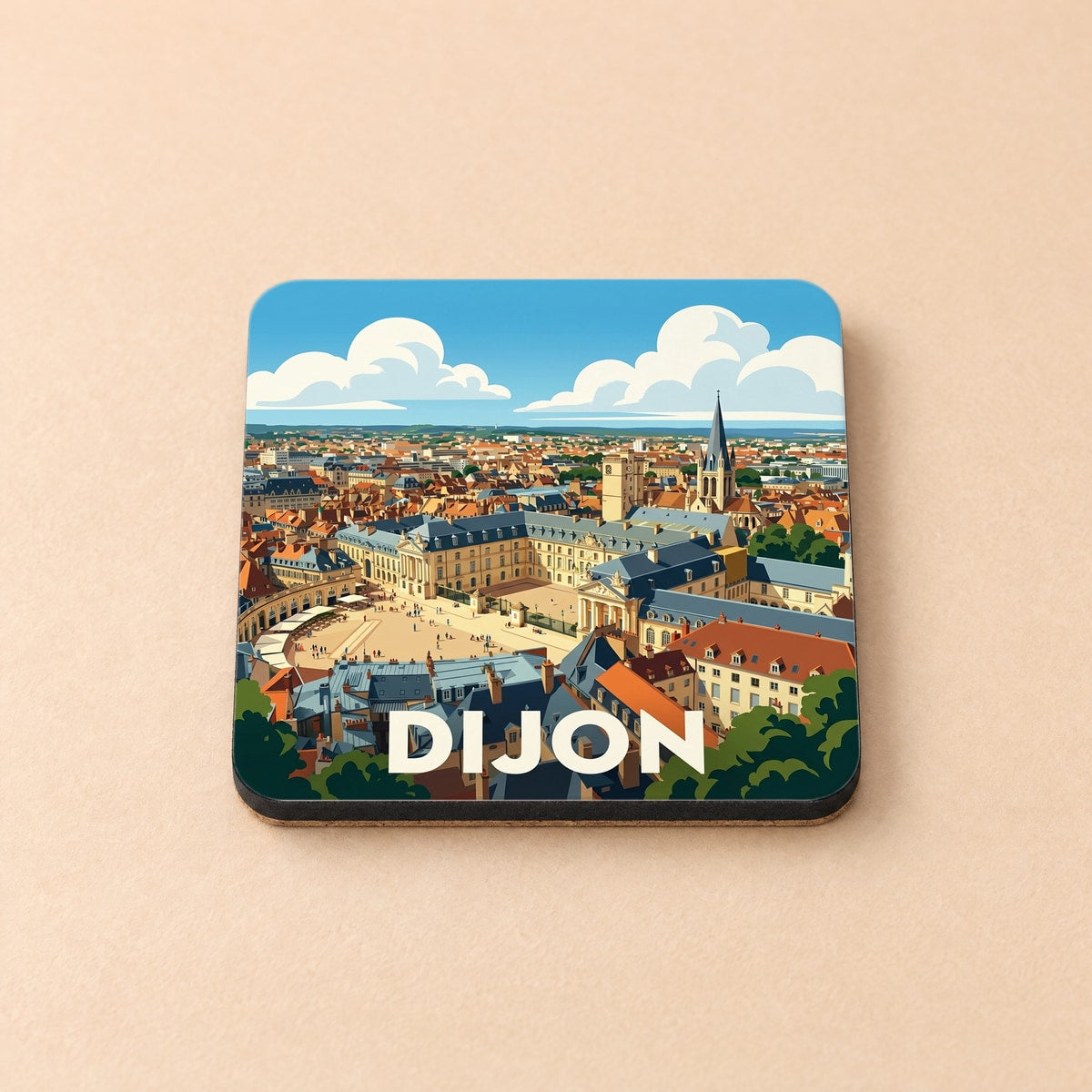 Dessous de verre souvenir de la ville de Dijon avec une illustration stylisée représentant la place de la Libération et le palais des ducs de Bourgogne.