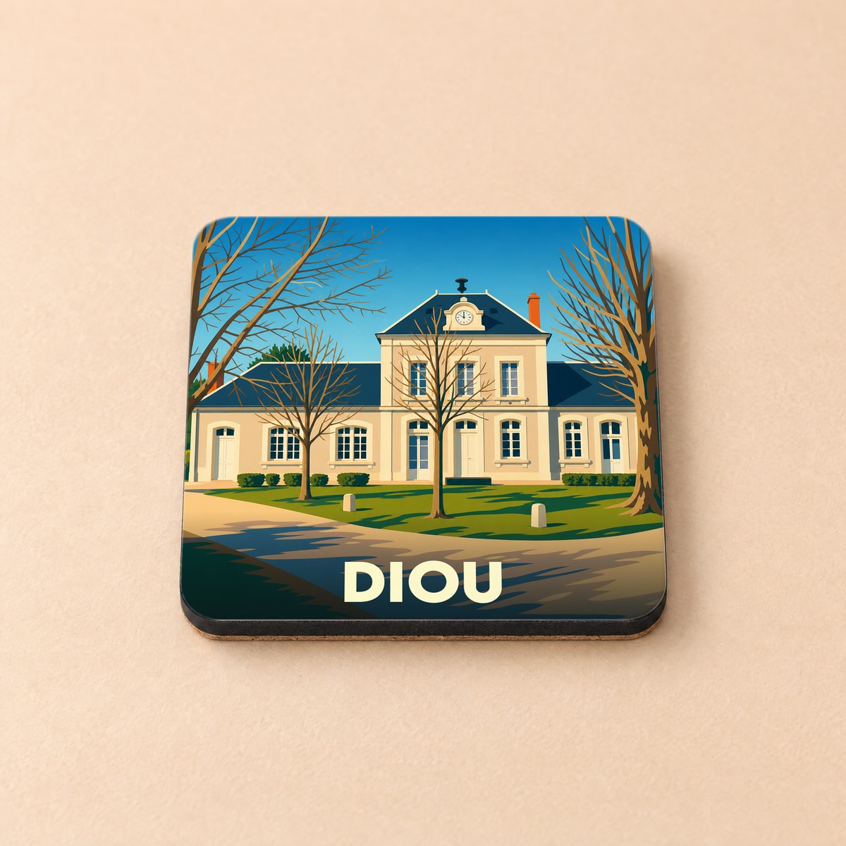 Dessous de verre souvenir de la ville de Diou avec une illustration stylisée de sa mairie.