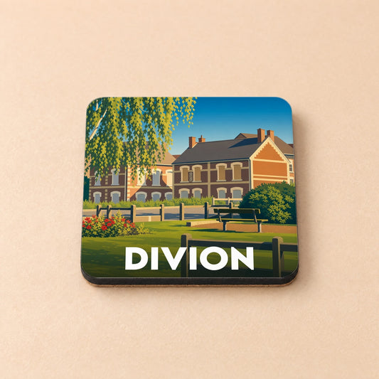 Dessous de verre souvenir de la ville de Divion avec une illustration stylisée.