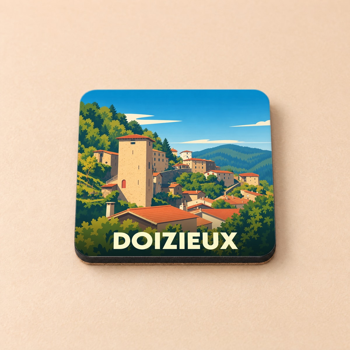 Dessous de verre souvenir de la ville de Doizieux avec une illustration stylisée.