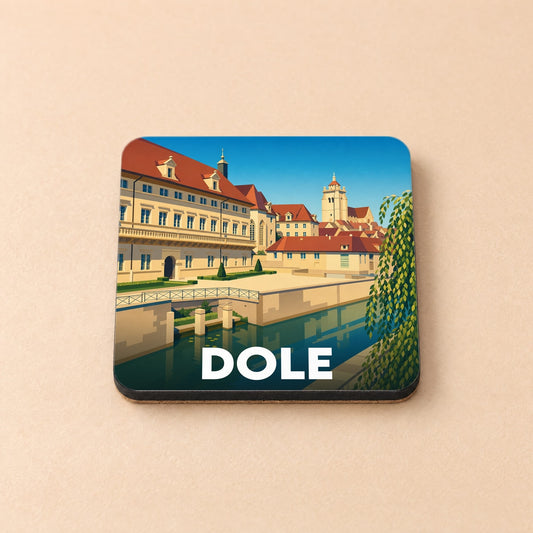 Dessous de verre souvenir de la ville de Dole avec une illustration stylisée.