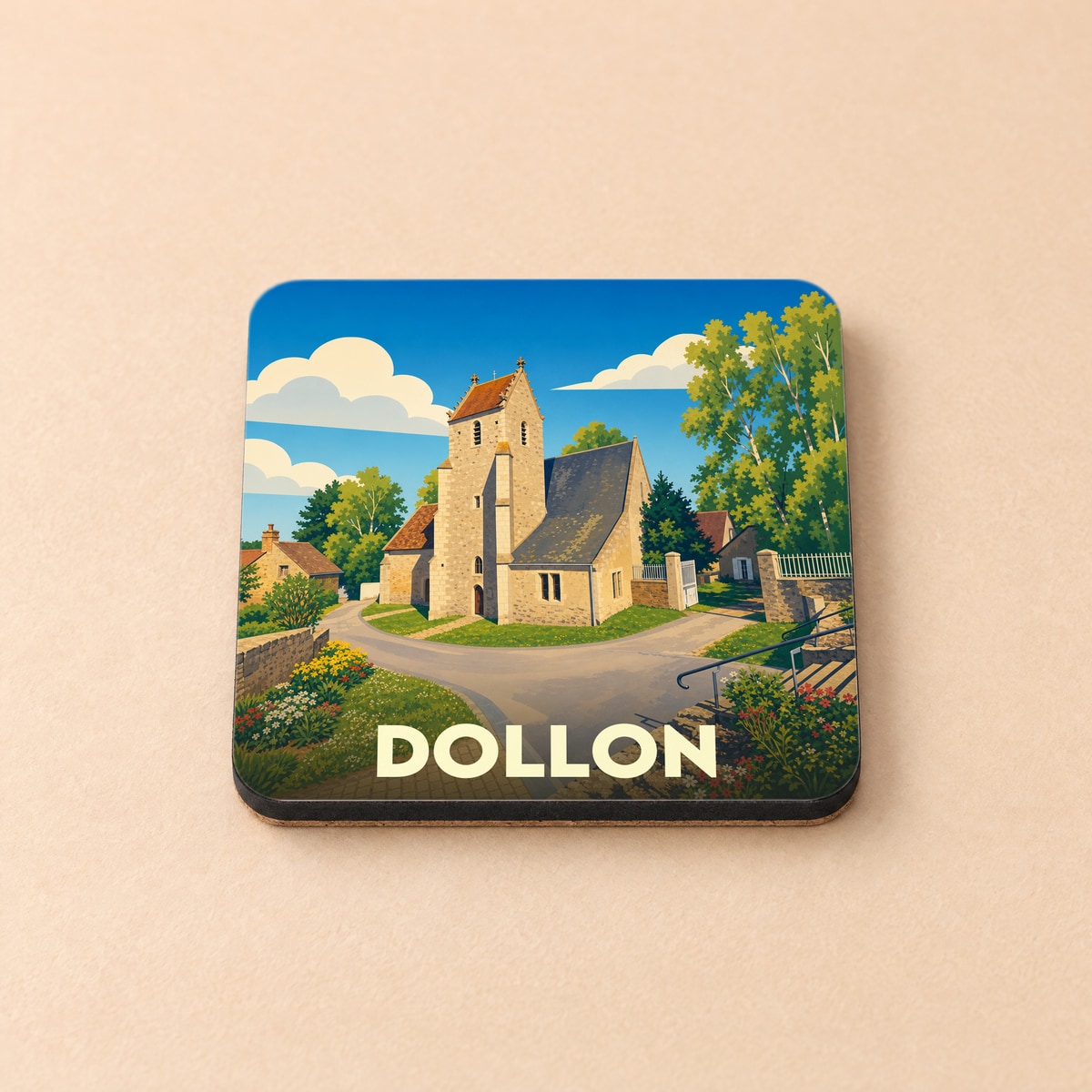 Dessous de verre souvenir de la ville de Dollon avec une illustration stylisée d'une église de campagne.