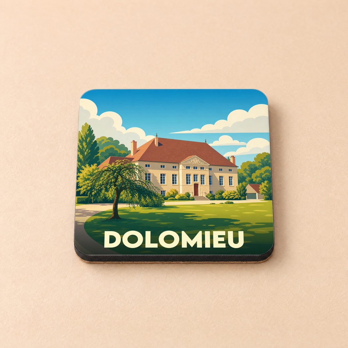 Dessous de verre souvenir de la ville de Dolomieu avec une illustration stylisée d'un manoir.