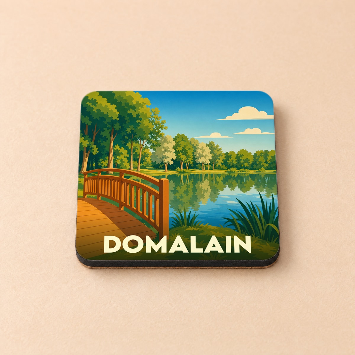 Dessous de verre souvenir de la ville de Domalain avec une illustration stylisée d'un pont en bois au bord de l'eau.