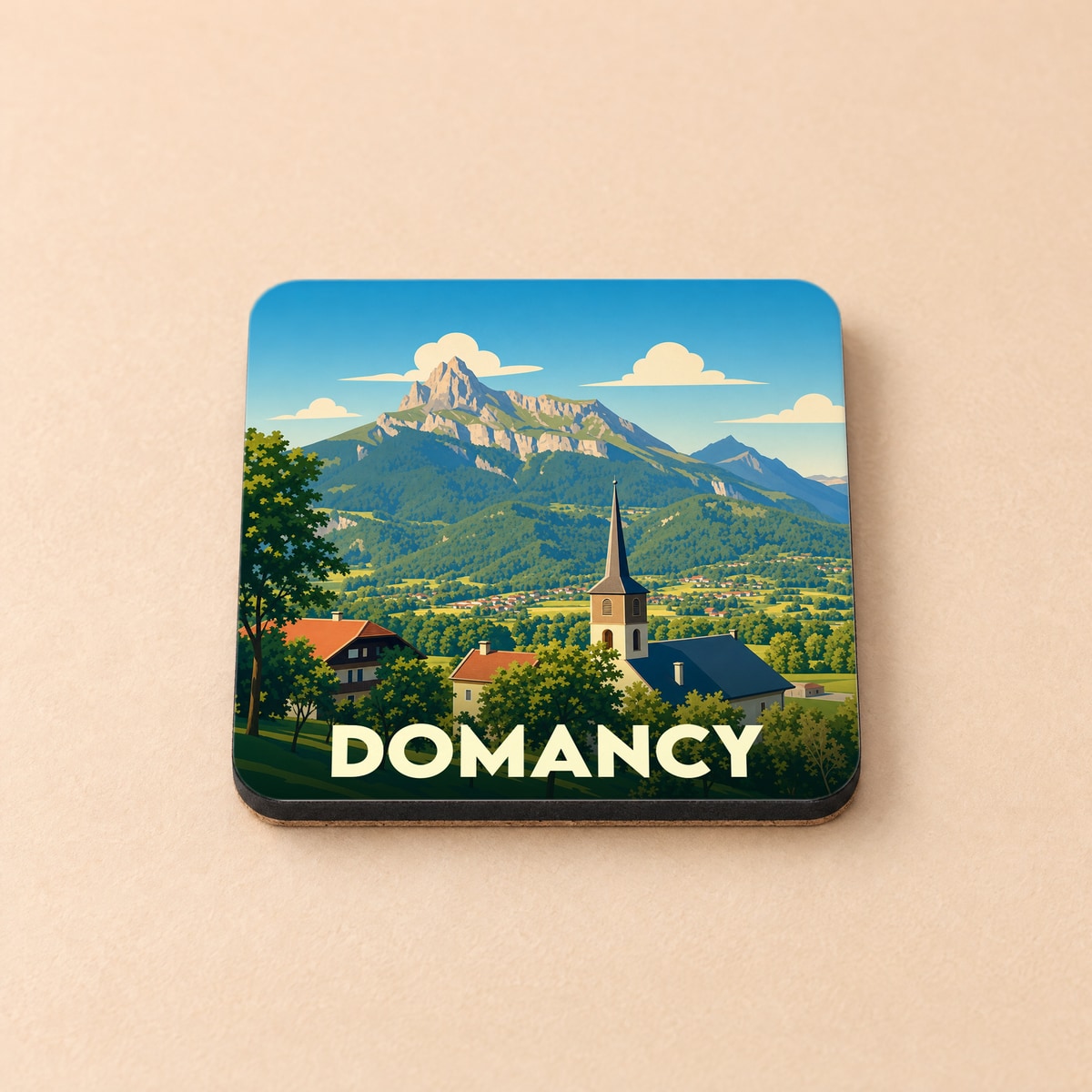 Dessous de verre souvenir de la ville de Domancy avec une illustration stylisée de montagne et de village.