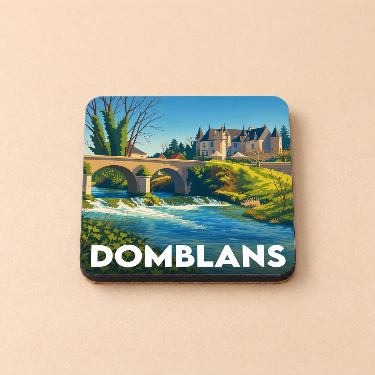 Dessous de verre souvenir de la ville de Domblans avec une illustration stylisée d'un château et d'un pont.
