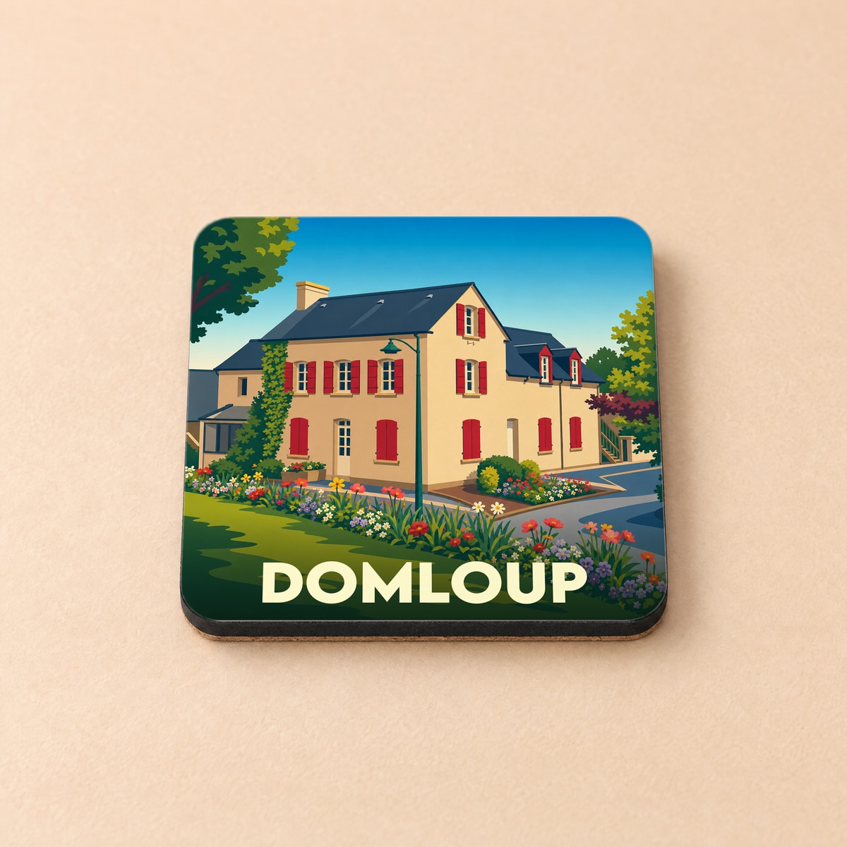 Dessous de verre souvenir de la ville de Domloup avec une illustration stylisée d'une maison traditionnelle fleurie.