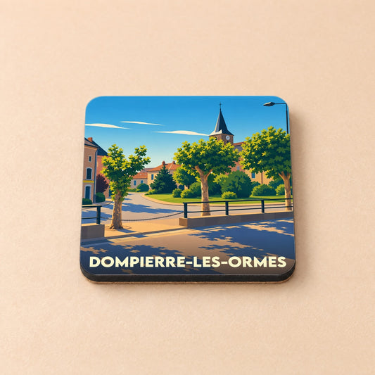 Dessous de verre souvenir de la ville de Dompierre-les-Ormes avec une illustration stylisée.