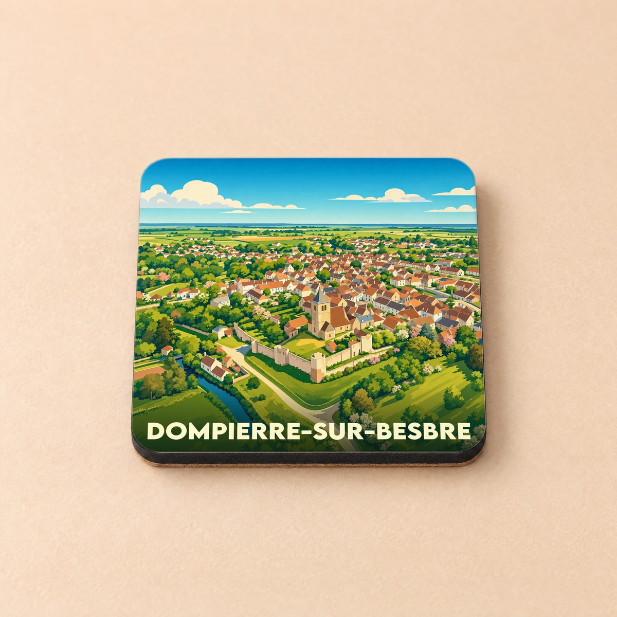 Dessous de verre souvenir de la ville de Dompierre-sur-Besbre avec une illustration stylisée de ses paysages et monuments.