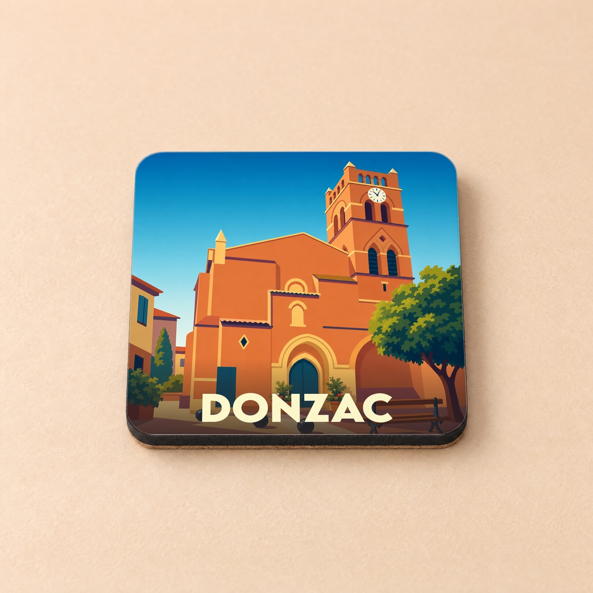 Dessous de verre souvenir de la ville de Donzac avec une illustration stylisée de son église.