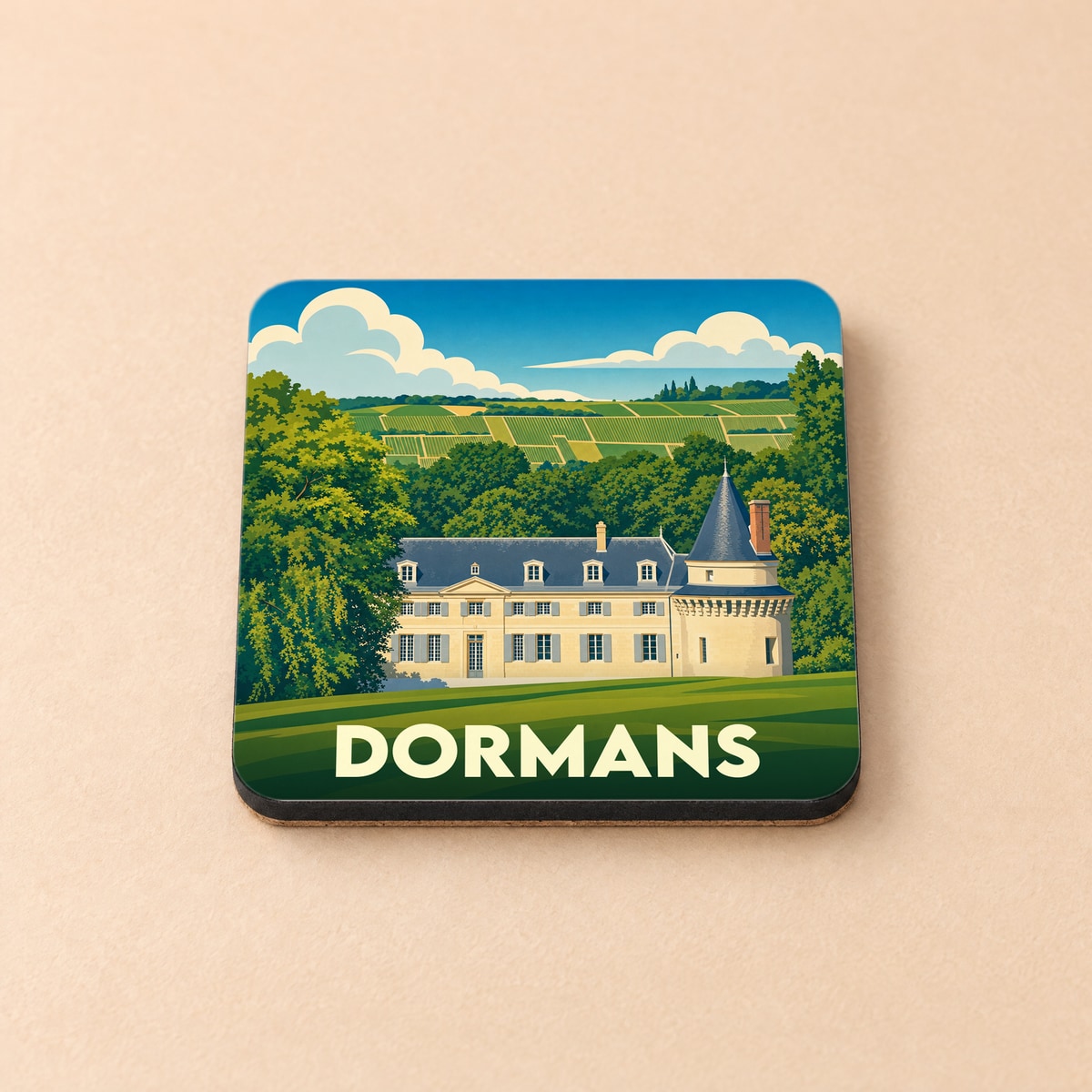 Dessous de verre souvenir de la ville de Dormans avec une illustration stylisée d'un château entouré de vignes.