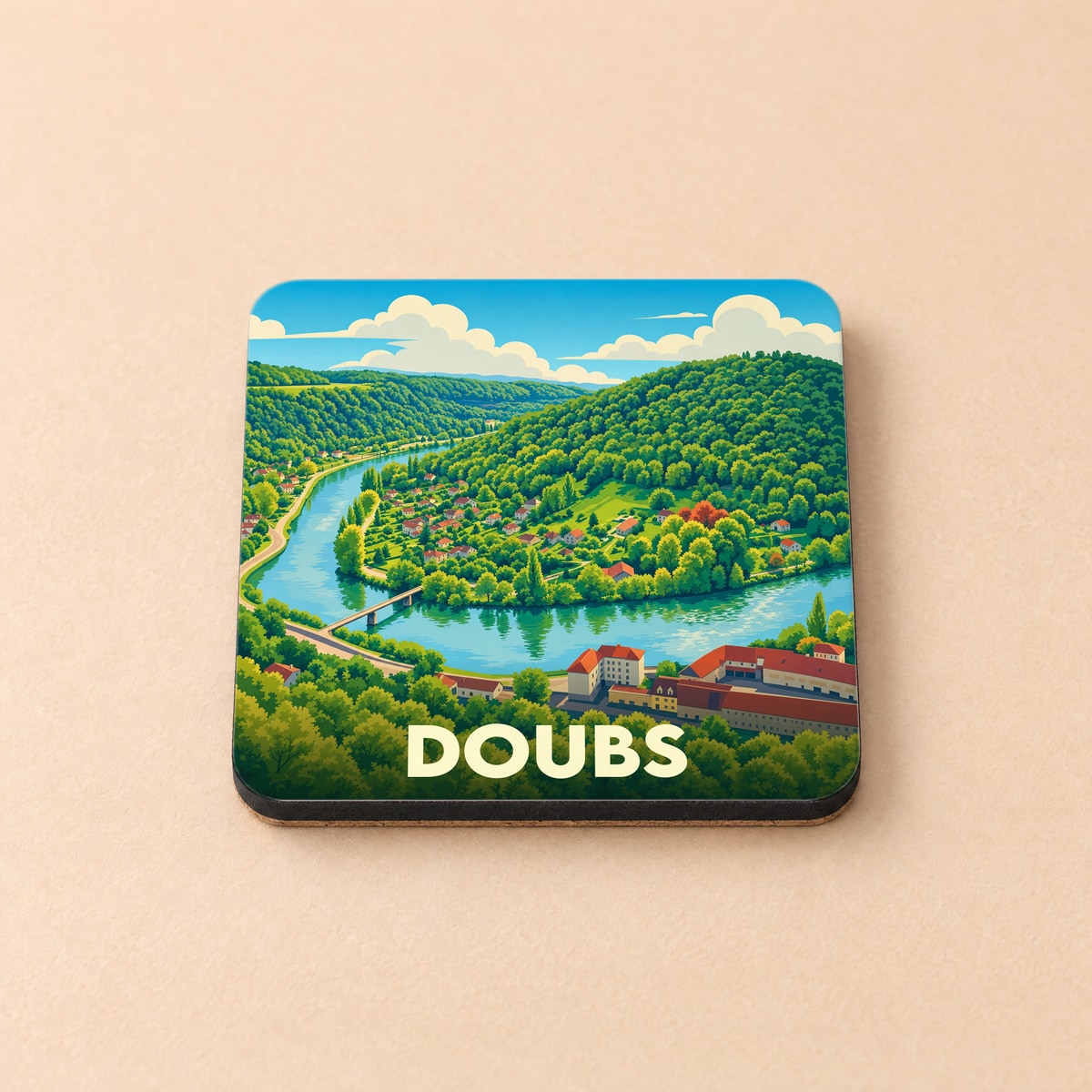 Dessous de verre souvenir du département du Doubs avec une illustration stylisée d'un méandre de rivière.