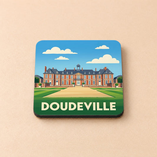Dessous de verre souvenir de la ville de Doudeville avec une illustration stylisée de son château.