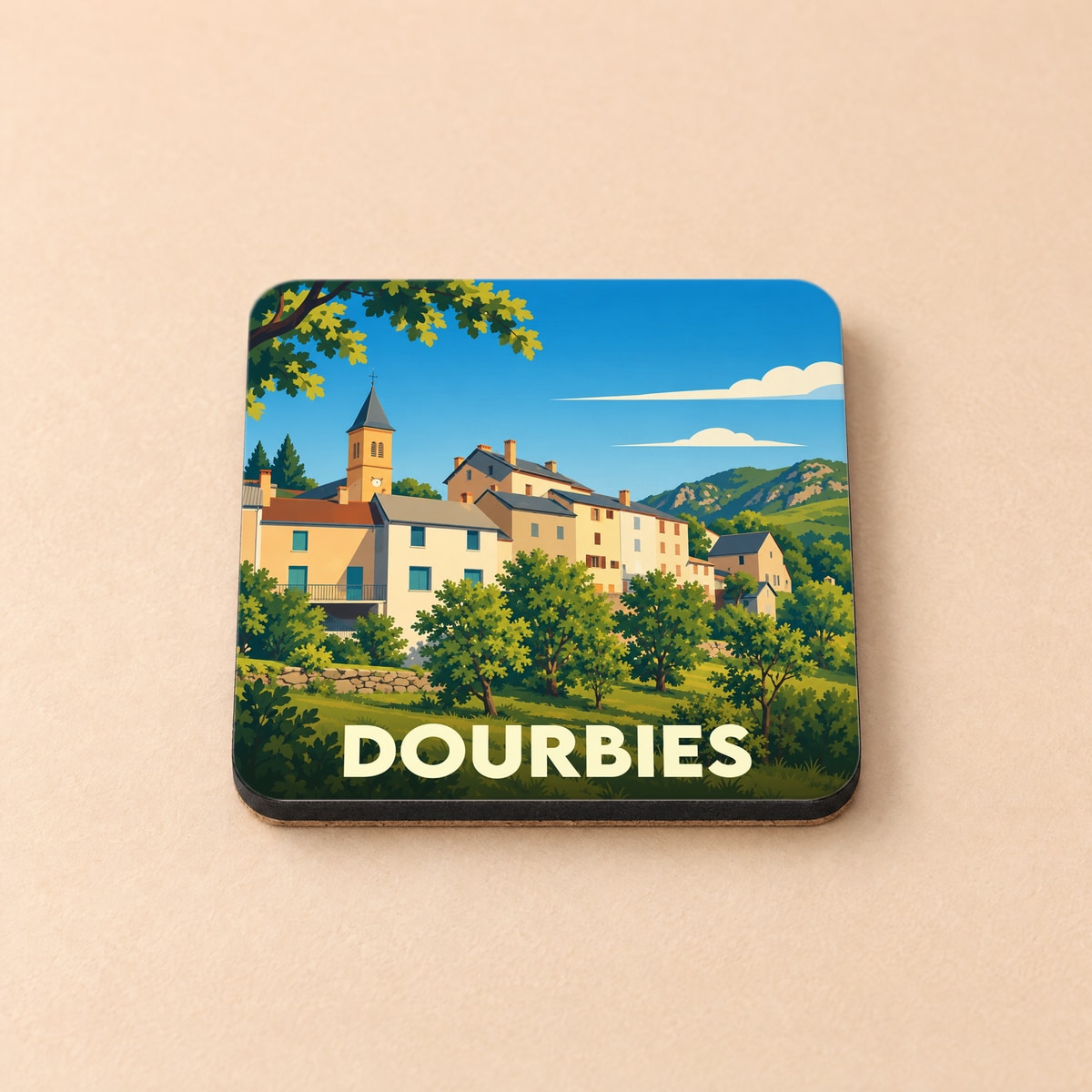 Dessous de verre souvenir de la ville de Dourbies avec une illustration stylisée.
