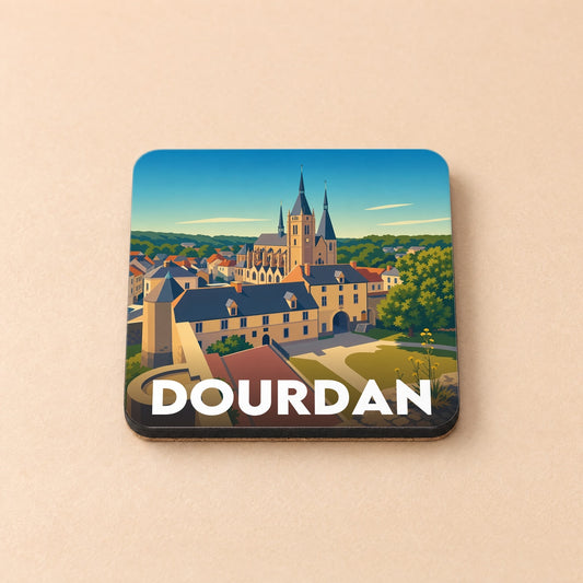 Dessous de verre souvenir de la ville de Dourdan avec une illustration stylisée.