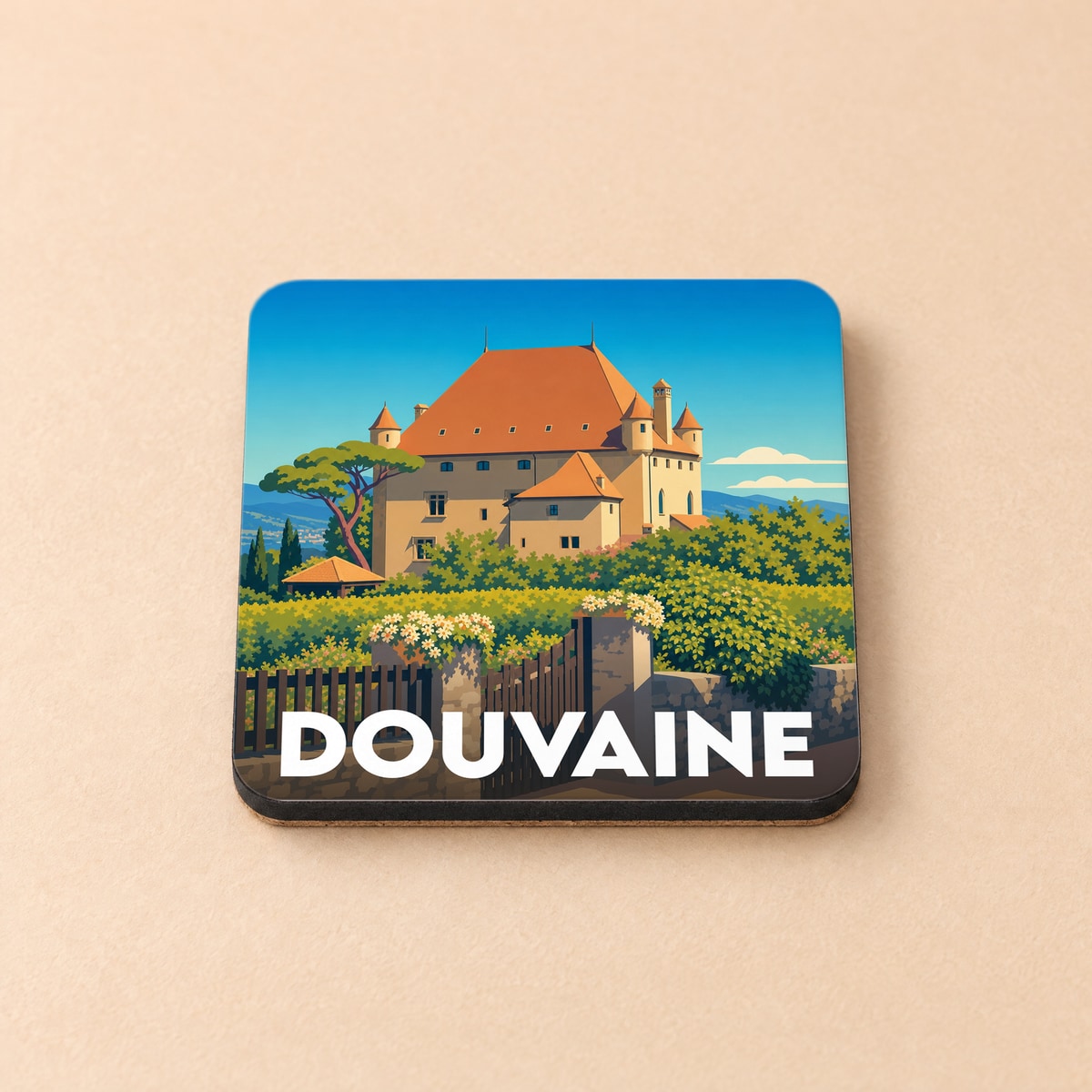 Dessous de verre souvenir de la ville de Douvaine avec une illustration stylisée d'un château.