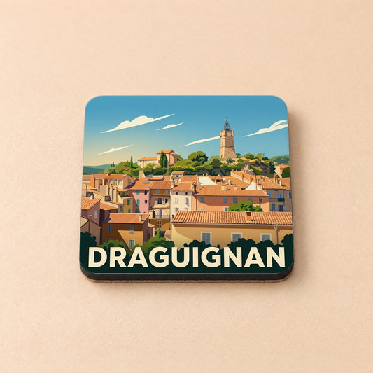 Dessous de verre souvenir de la ville de Draguignan avec une illustration stylisée.