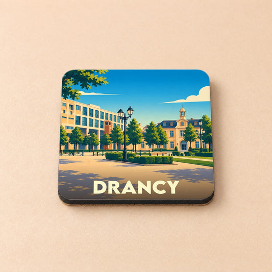 Dessous de verre souvenir de la ville de Drancy avec une illustration stylisée d'une place ensoleillée.