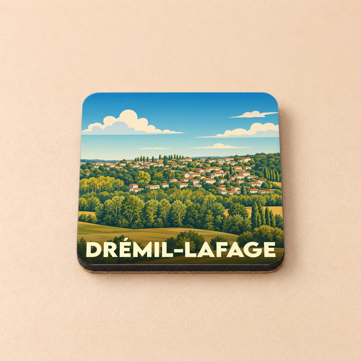 Dessous de verre souvenir de la ville de Drémil-Lafage avec une illustration stylisée de son paysage vallonné.