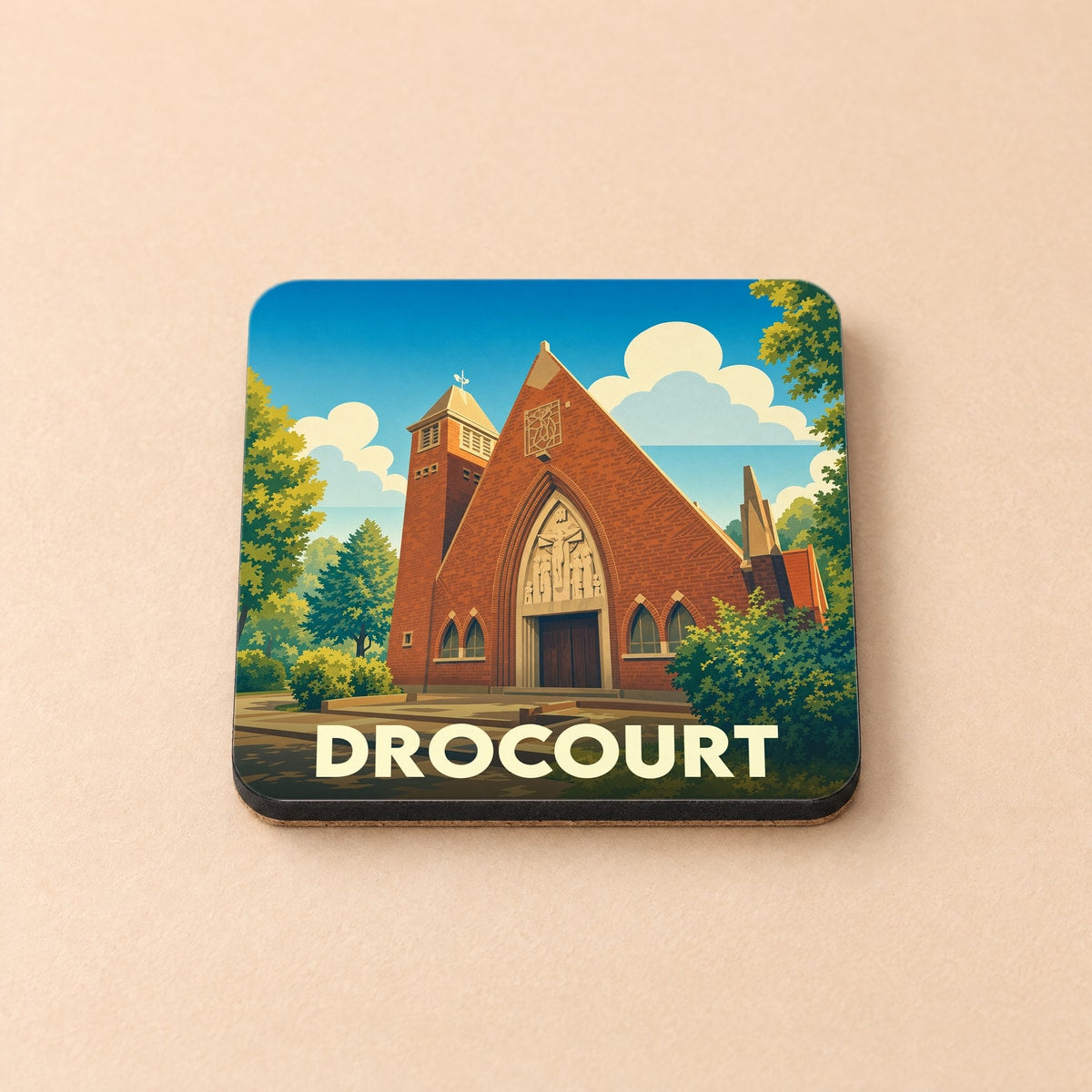 Dessous de verre souvenir de la ville de Drocourt avec une illustration stylisée de son église.